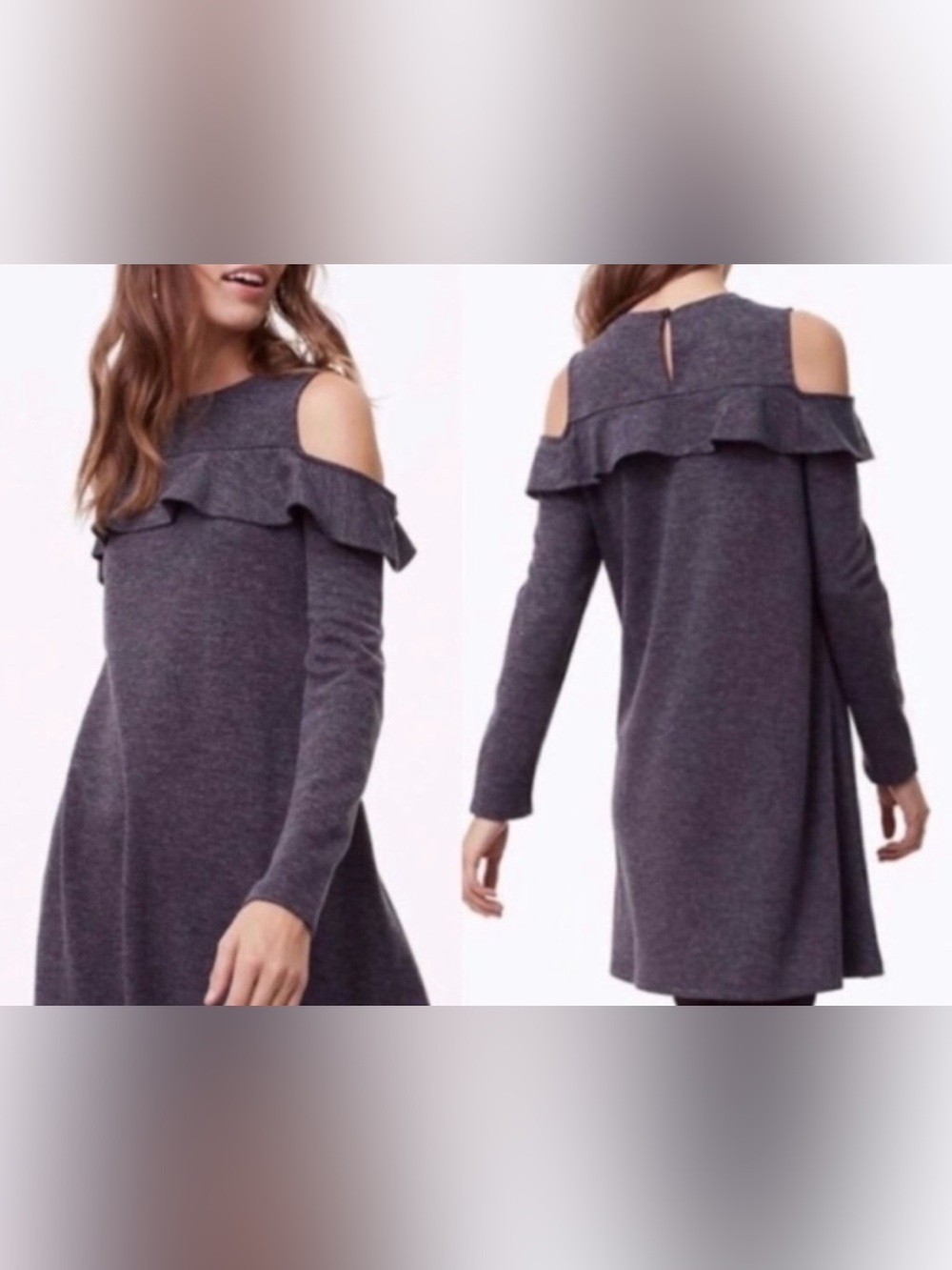 LOFT Charcoal Gray Cold-Shoulder Ruffle Mini Dress